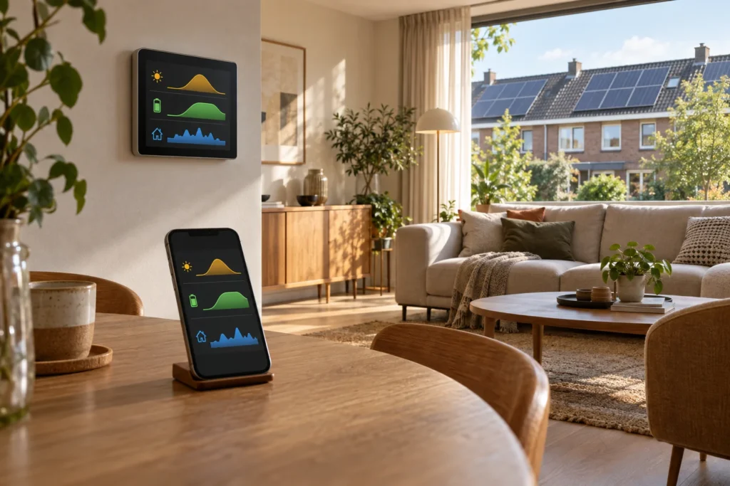 Woonkamer met energiedisplay aan de muur en smartphone met overzicht van zonne-opwek, thuisbatterij en verbruik